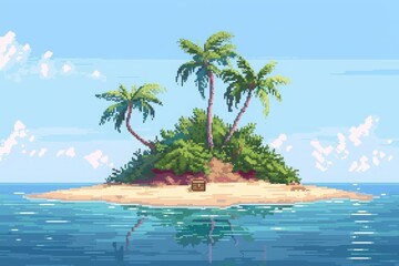 Serene Pixel Art Deserted Island with Calm Waters and Lush Palms, Concept of Tranquil Paradise and Hidden Retreat in Digital Games