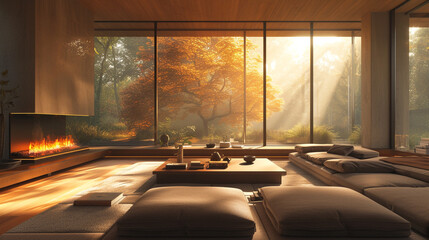 An inviting living room with a minimalist fireplace, plush seating, and large windows showcasing nature.