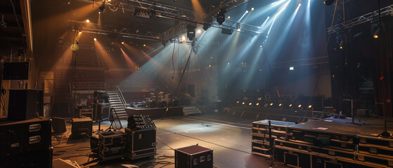 A Live stage production being built in a center stage type venue. Stage rigging equipment, lighting trusses, stairs and PA systems being carried