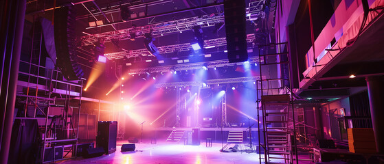 Live stage being prepared in center stage venue with rigging equipment, lighting trusses, stairs, and PA systems being installed.
