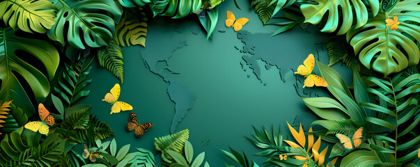 Obraz premium Verdant Jungle Landscape with Tropical Foliage and Butterflies