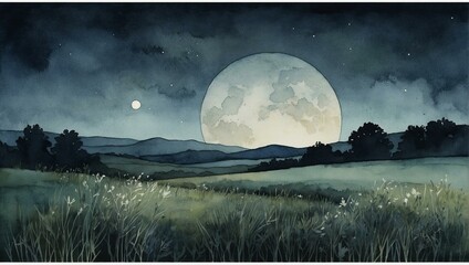 Serene night scene in watercolor with a luminous full moon looming over a field of wildflowers