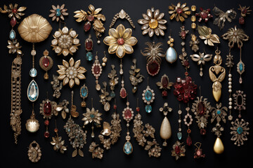 Arrangement of shimmering jewelry on velvet backdrop. Generative AI