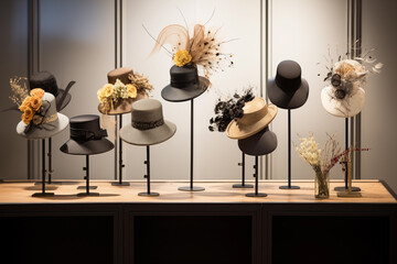 Modern chic hats and headpieces arranged in elegant display. Generative AI - Powered by Adobe