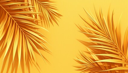 Fototapeta premium Tropical summer banner with sunglasses and palm leaves on a yellow background, in a flat lay, top view. Summer vacation concept