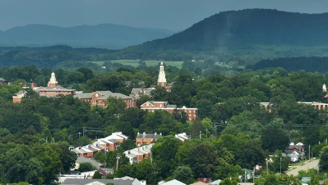 Berea College architecture in Berea old city downtown. Panoramic view of educational district skyline with campus buildings