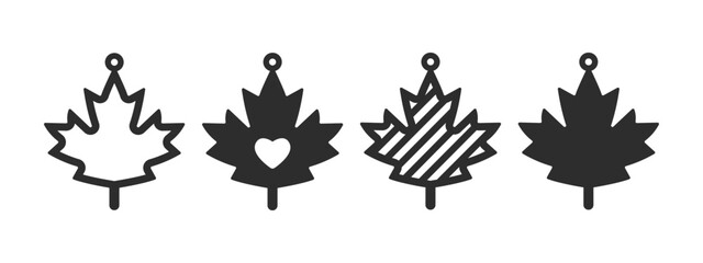 Set of maple leaf earrings, pendant or keychain design. Canada Day patriotic jewelry silhouette cut template. Laser cutting with leather, wood or metal. Vector illustration file