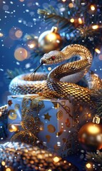 Fototapeta premium A snake is coiled around a gift under a Christmas tree