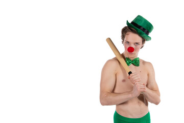 A young attractive guy in a clown costume. White background.
