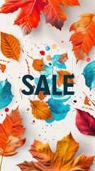 Autumn sale banner with colorful leaves and paint splatters