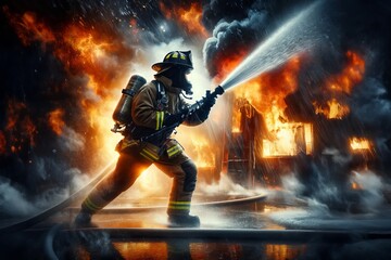 A firefighter bravely battles a fierce blaze with a hose, amidst billowing smoke and flames.