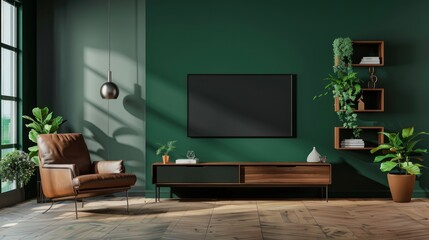 Modern interior of living room with armchair and cabinet for tv on dark green color wall background.
