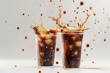Two plastic cup of iced coffee flying in the air. coffee splashing in the minimalist background.