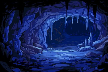 Atmospheric 8-bit pixel art cave with stalactites and mysterious deep blue tones, Concept of exploration, fantasy gaming, and hidden realms