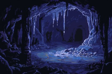 Mysterious 8-bit pixel art cave with icy stalactites and a serene, starry night backdrop, Concept of quiet solitude and digital exploration