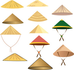 Twelve Pieces Set Chinese Straw Triangle Hat Dowley Pinyin Limao. Vector illustration different shapes and color of Chinese folk limao hat made of straw