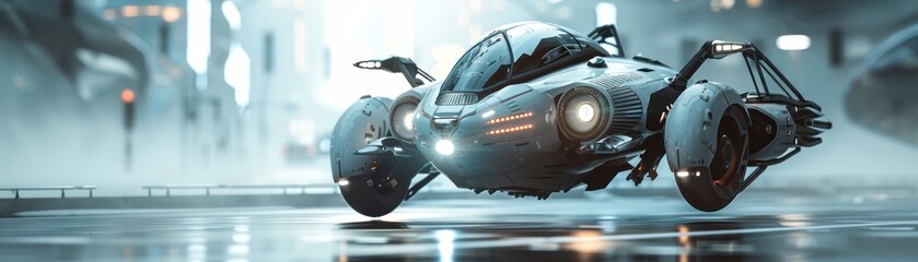 Fototapeta premium A futuristic flying car hovers above the city street