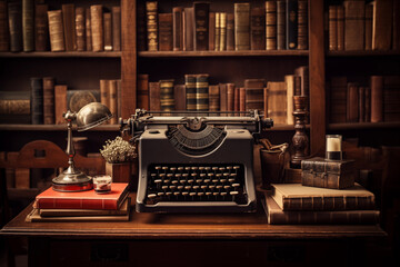 Old vintage typewriter surrounded by antique books on library table. Generative AI