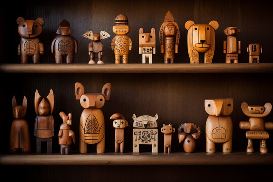 Collection of handcrafted wooden toys displayed on rustic wooden shelf, each showcasing intricate details. Generative AI