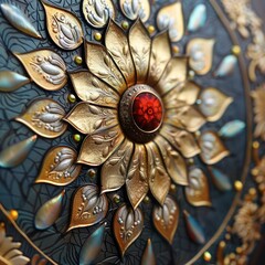 Fototapeta premium A golden flower mandala with a red jewel in the center, made of metal and enamel.