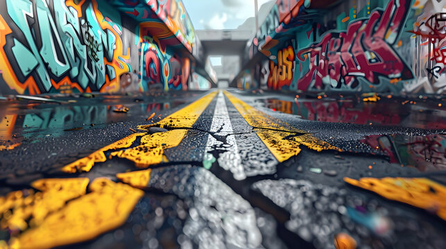Vibrant Graffiti Mural Adorning Damaged Urban Roadway - Powered by Adobe