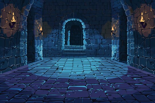 Enigmatic 8-bit Castle Dungeon Corridor with Torches, Concept of Adventure and Exploration in a Pixelated Game World