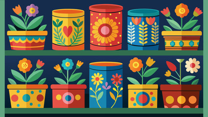 A shelf filled with colorful handpainted flower pots made from repurposed tin cans and terracotta plates.. Vector illustration