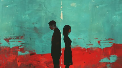 Spouses stand back to back, disagreement, relationship troubles. Man and a woman in a quarrel. Concept of divorce, misunderstanding in family.