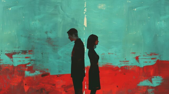 Spouses stand back to back, disagreement, relationship troubles. Man and a woman in a quarrel. Concept of divorce, misunderstanding in family.
