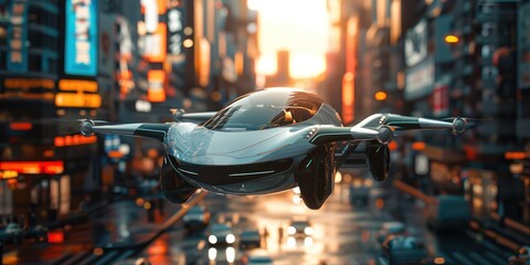 A silver flying car is hovering in the air above a busy city street.