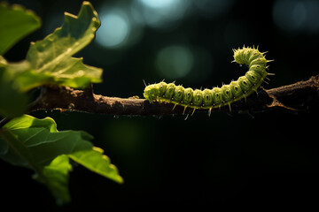 Naklejka premium Long caterpillar munching on vibrant green leaf, showcasing details of its tiny mandibles. Generative AI