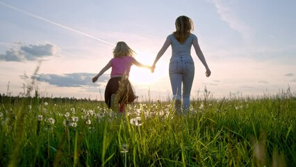 Rear view of mother and little daughter holding hands running in the green meadow toward the sun, low angle tracking shot. Future and children concepts.