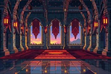 Obraz premium Stylized Pixel Art Castle Interior with Sunset View, Concept of Fantasy Adventure and Digital RPG Game Environment