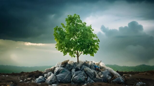  A small tree is growing on a pile of plastic waste,a lone pine tree clinging t