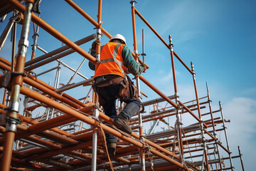 Scaffolding erector assembling a framework for tall structures. Generative AI