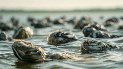 Sea shells grouped together, floating on water