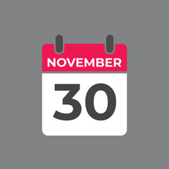 November  30 calendar reminder. 30 November  daily calendar icon template. Calendar 30 November  icon Design template. Vector illustration
