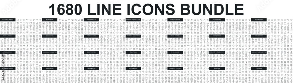 Poster mega set of vector thin line icons. editable stroke. contains such icon collection as social media, 
