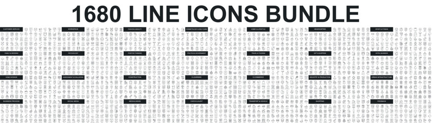 Mega set of vector thin line icons. Editable stroke. Contains such icon collection as social media, business process, commerce, learning, shopping, industry, customer service. Linear pictogram pack.