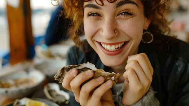 Happy diner with an oyster on National Oyster Day - Powered by Adobe