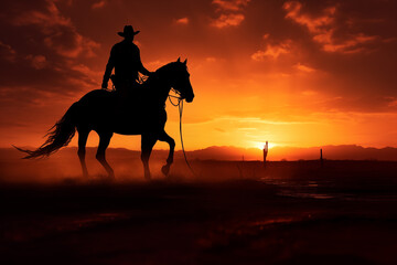 True cowboy riding horse silhouetted against a blazing sunset. Generative AI