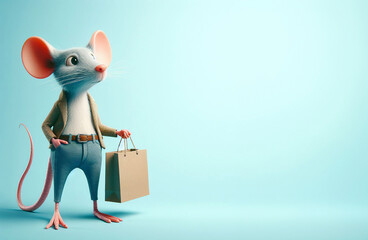Portrait of anthropomorphic mouse with shopping bag standing isolated on light blue background, copy space for text