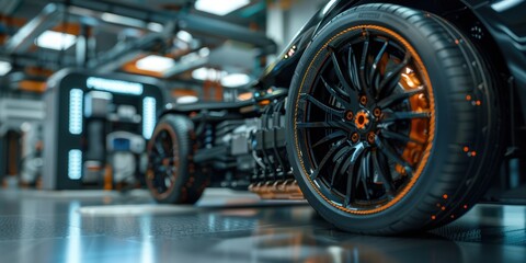 Fototapeta premium The image shows a futuristic car with a black body and orange wheels. The car is in a large room with a high ceiling. There are no people in the image.