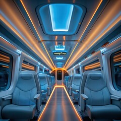 Fototapeta premium The interior of a modern passenger train with blue and orange lighting