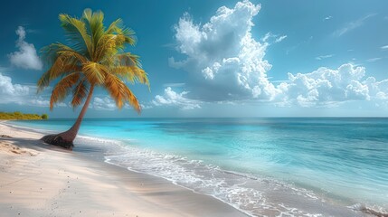Fototapeta na wymiar palm tree on tropical island beach on background blue sky with white clouds