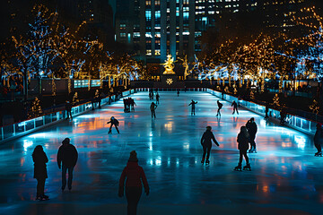Night shot of a lit-up ice skating rink in the city center during the holiday season, with people skating, emphasizing movement and festive decorations