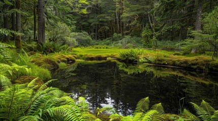 Obraz premium Green ferns and moss cover the ground leading to a secluded pond hidden within a forest. The surface of the water is still reflecting the vibrant colors of the surroundings.