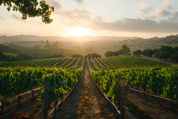 Naklejka premium Panoramic view of a sprawling vineyard at sunrise, with rows of grapevines stretching into the distance and morning dew visible on the leaves