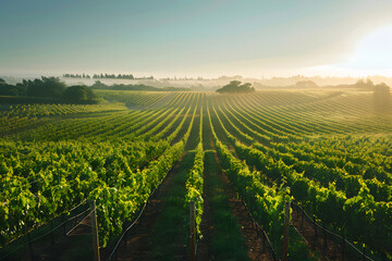Panoramic view of a sprawling vineyard at sunrise, with rows of grapevines stretching into the...