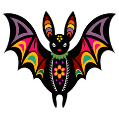 Design a vector silhouette of a bat adorned with intricate patterns inspired by traditional Mexican folk art